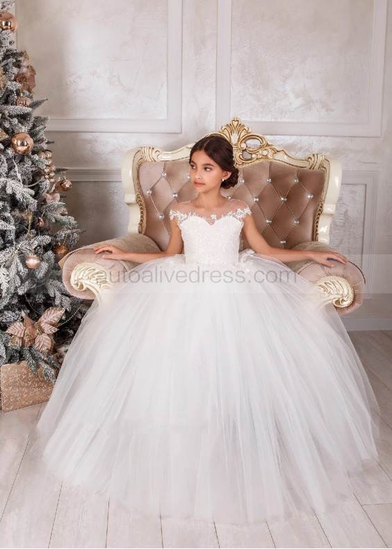 Cap Sleeves Ivory Lace Tulle Flower Girl Dress